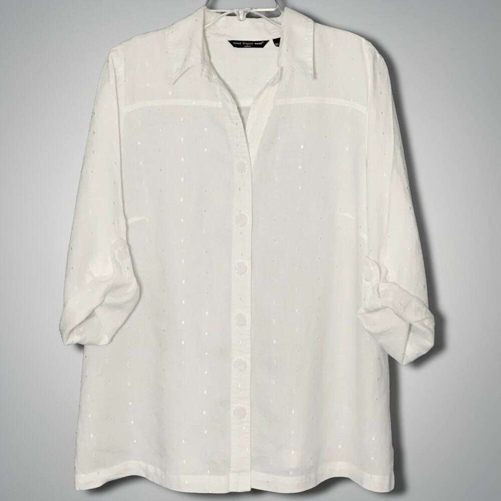 Saint Tropez West Ivory Linen Blouse Cuban Button Front Roll Tab Sleeve Plus 2X